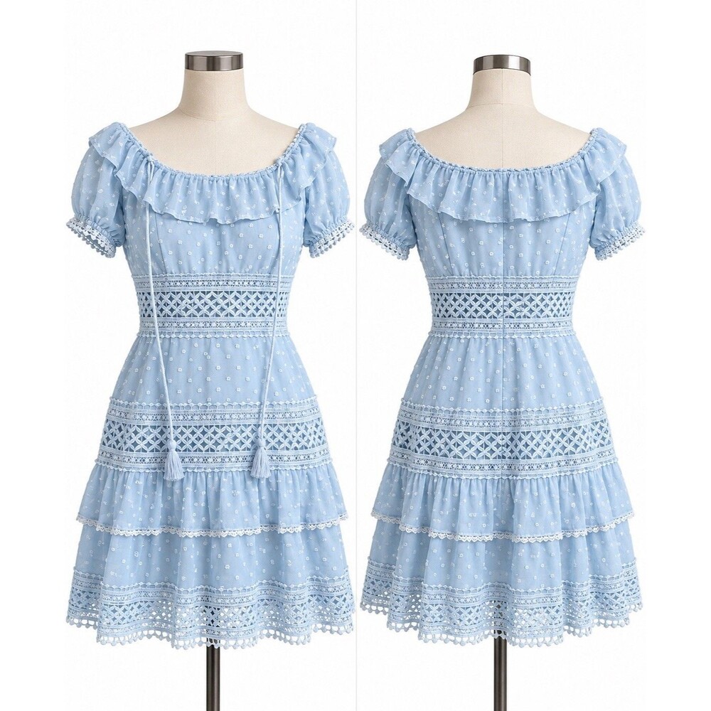 Entro Light Blue Swiss Dot Crochet Lace Ruffle Mini Dress Size S NWT